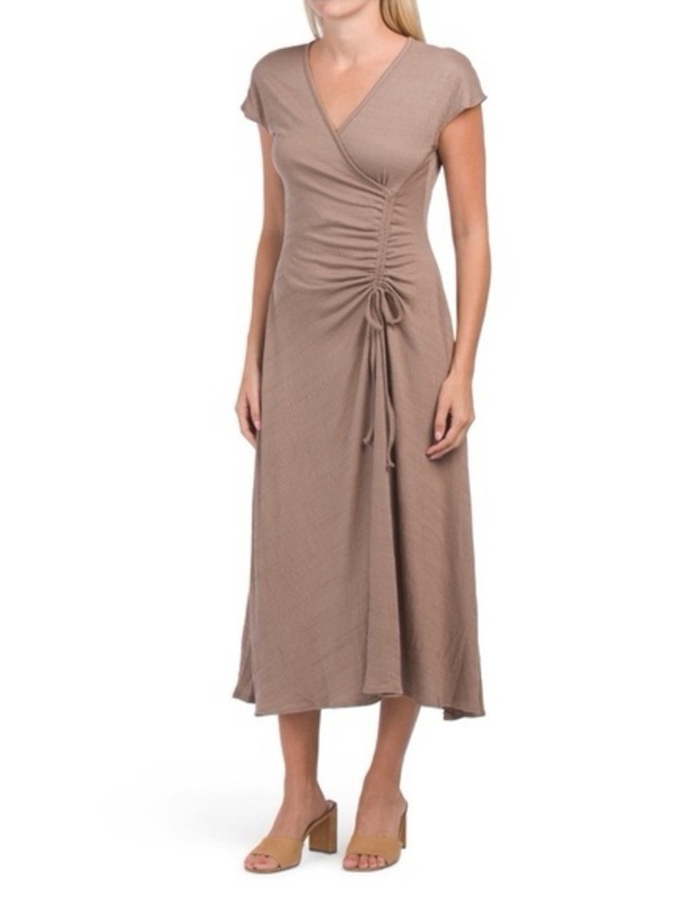 Max Studio Taupe Ruched Side Tie V-Neck Midi Dress Size Xl
